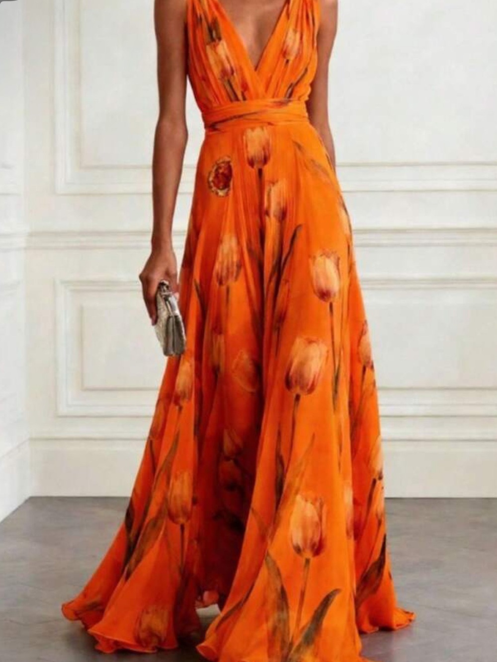SHEIN Orange Floral V-Neck Wrap Maxi Dress